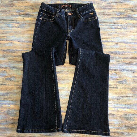 Grane Jeans Make a Statement Low Rise Flare Dark Wash Blue Womens Size 0 Junior - Picture 2 of 16
